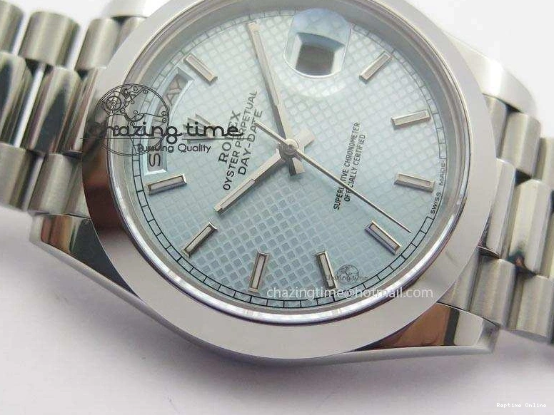 0112 DayDate 40mm BP-Maker 228206 SS Ice Blue Stick Dial (Smooth Bezel) On SS Bracelet ETA FreshLook 3913